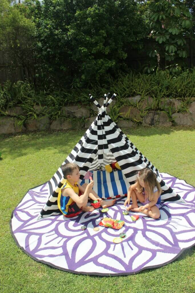 Finlee and Me - Fun for Kids in the teepee on Mandala mat